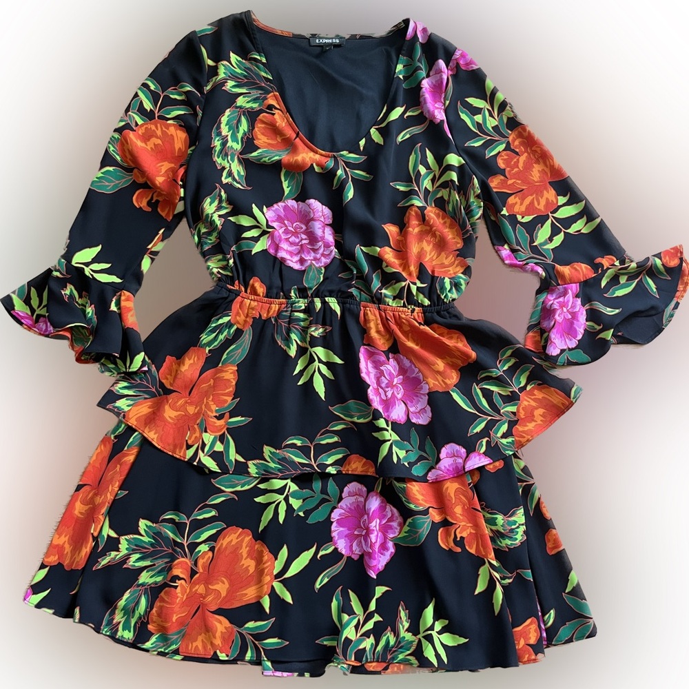 Express Black Floral Dress Flutter Sleeves Lined Small Petite Pink Orange